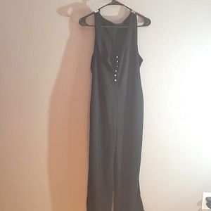 Waffle knit black jumpsuit,  Henley Top,  with pockets.